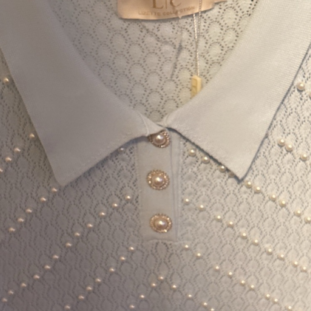 Powder Blue Diamond Pattern Pearl Adorned Sweater Juniors Large NWT - Picture 4 of 7